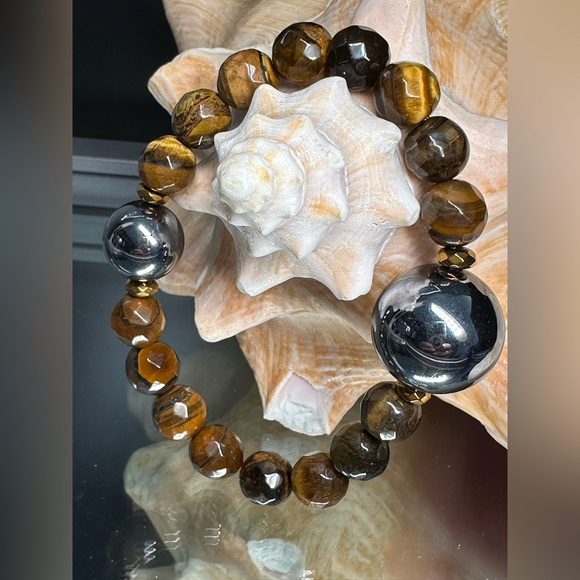 TERAHERTZ + TIGERS NATURAL STONES  BRACELET size 7” - Picture 2 of 11